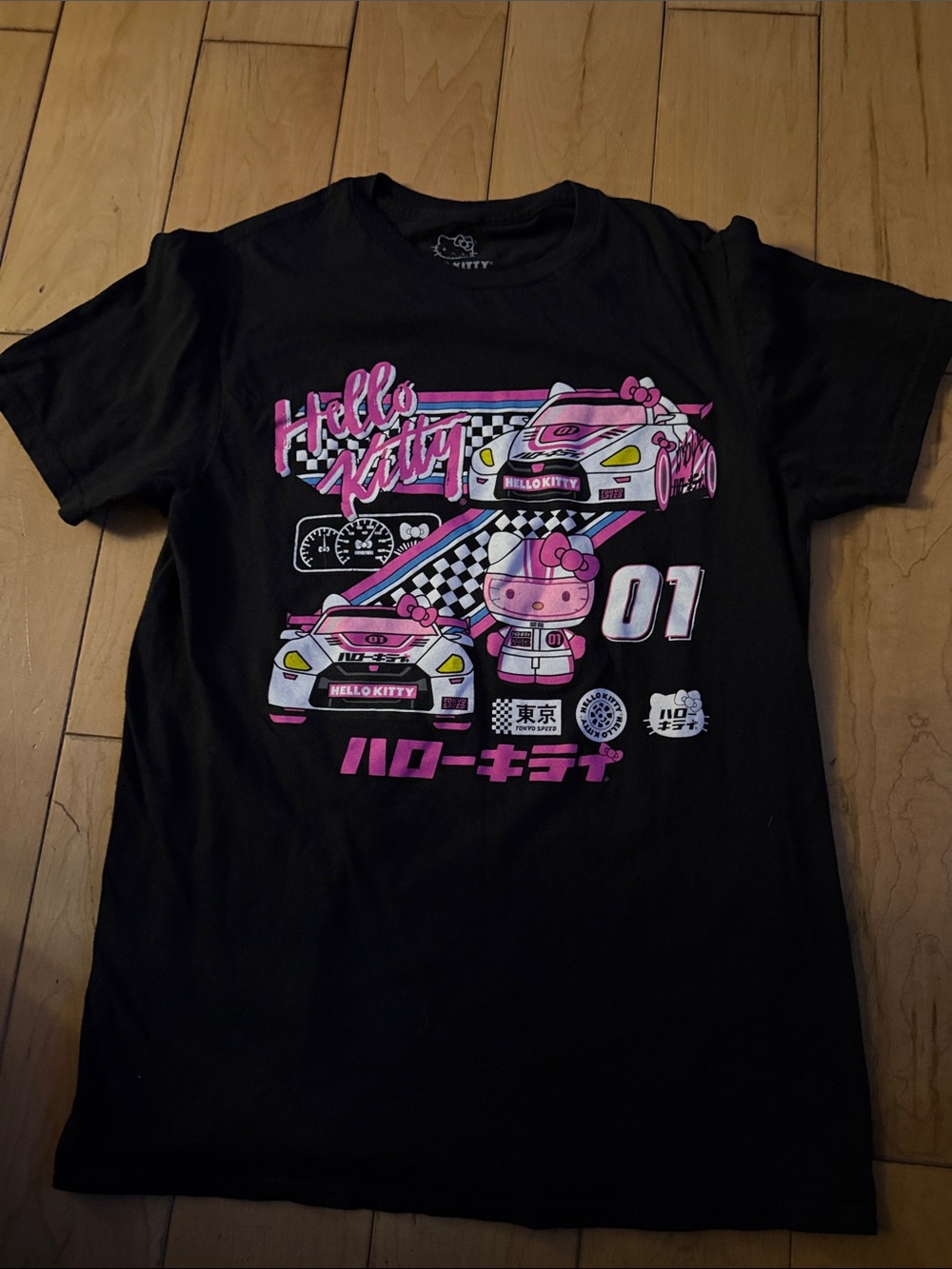 Hello Kitty Black Tee with Pink & White Racing Graphics